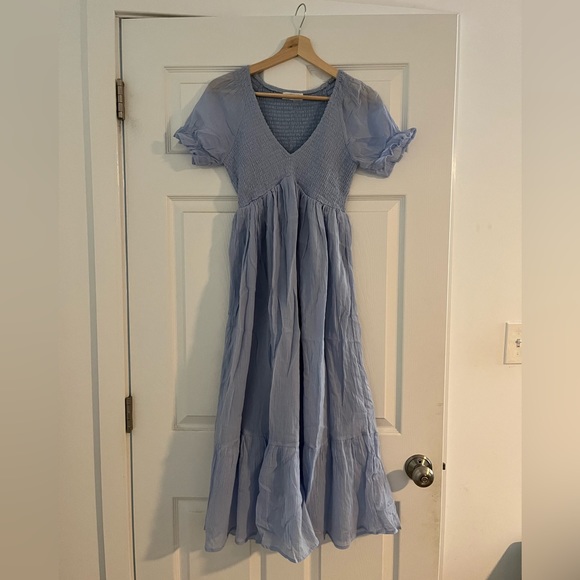 Light Blue Smocked Ruffle Hem Maternity Midi Dress - Picture 5 of 5